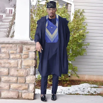 H & D Африканска Облекло за Мъже Базен riche Комплект от 3 теми Бродерия Традиция Мъжка Риза с Дълги Ръкави Брючный Костюм за Сватба Парти Нигерия