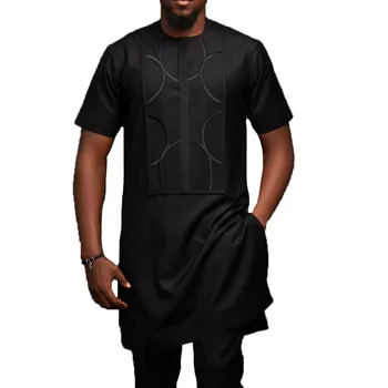 Мъжка Мода Дашики Риза С Къс Ръкав Мюсюлманска Джубба Тоби Ислямска Облекло Casual Черна Тениска Върховете Мъжка Блуза Африканска Облекло