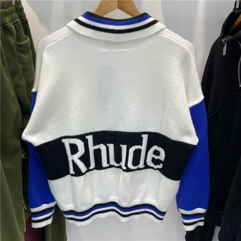 Пуловер Rhude Ежедневни Памук Мъжки Женски 1: 1 на Синьо-бели Лоскутные Възли Свитшоты Rhude
